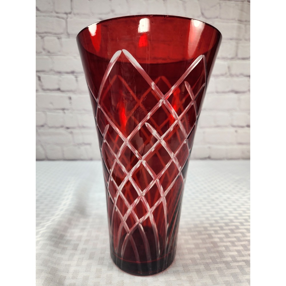 Ruby Red Bohemian Czech Cut to Clear Crystal Glass Vase Vibrant & Stunning!